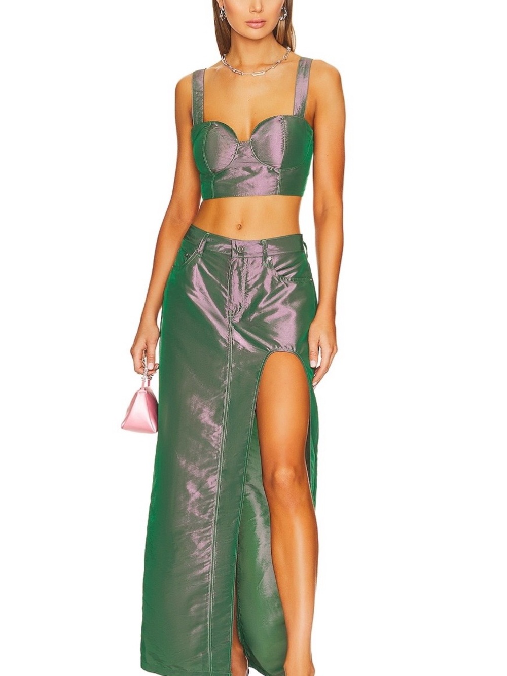 AFRM Metallic Green High-Slit Maxi Skirt